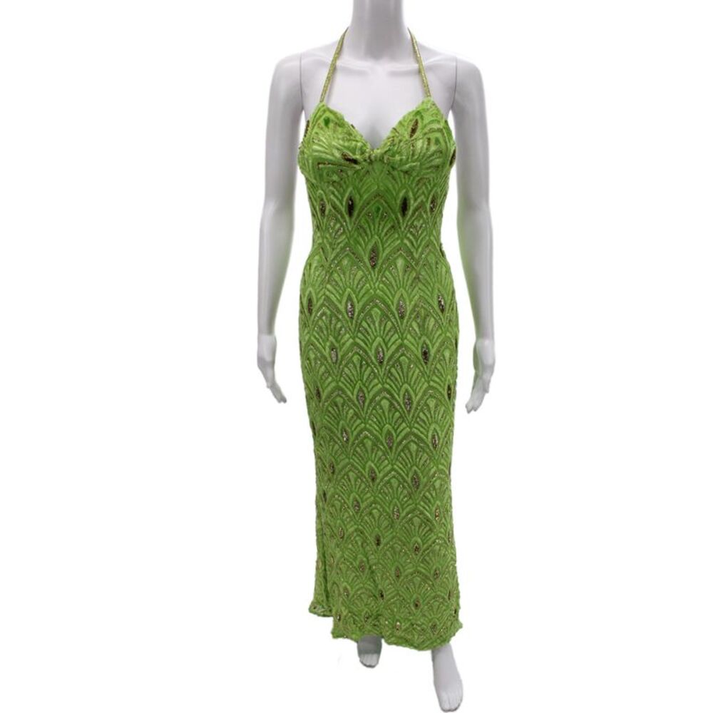 Escada Womens Green Geometric Halter Maxi Dress Zip Sleeveless Rayon Size 34